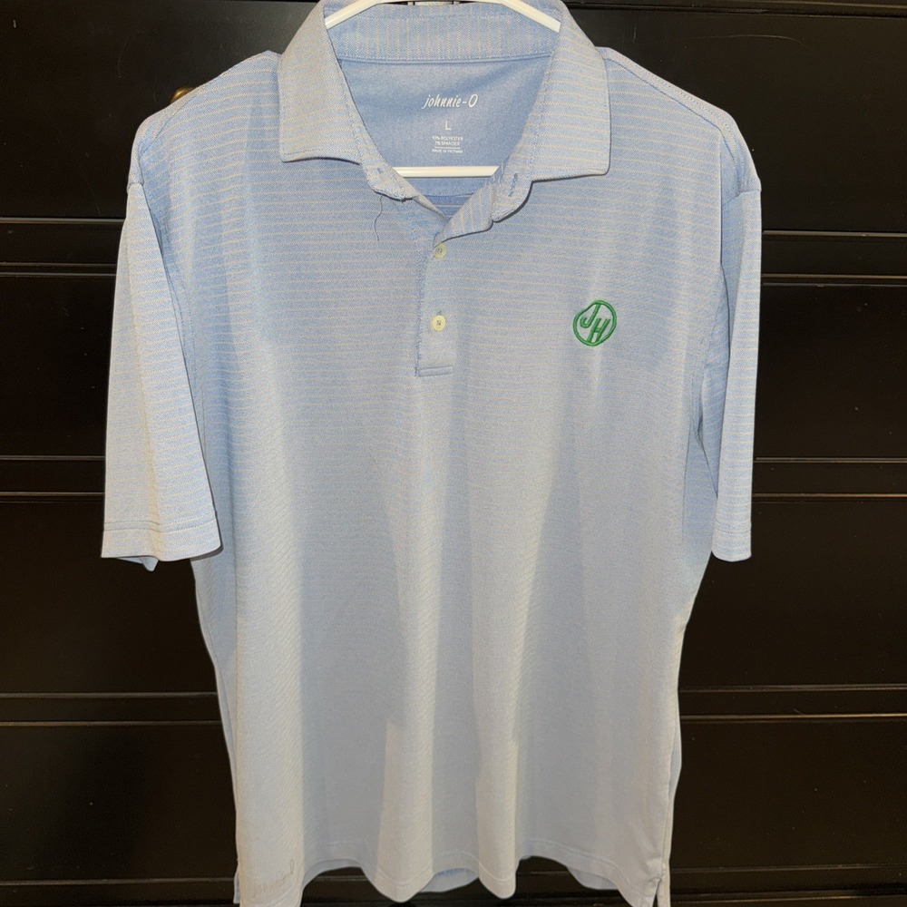 Johnnie-O Men's Large Polo Short Sleeve Light Blue Khaki Stripe Golf Embroidered